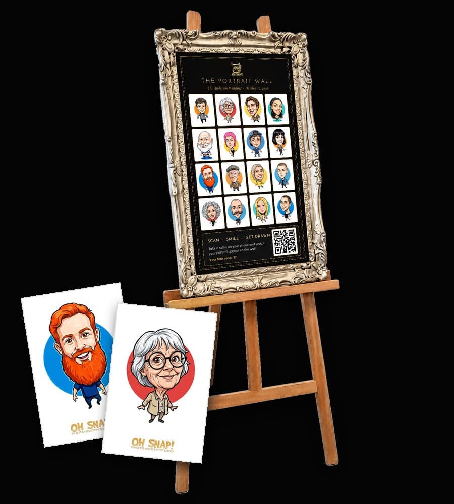 live-caricature-wall-mobile The Portrait Wall live caricature wall on a gold framed easel with printed caricatures